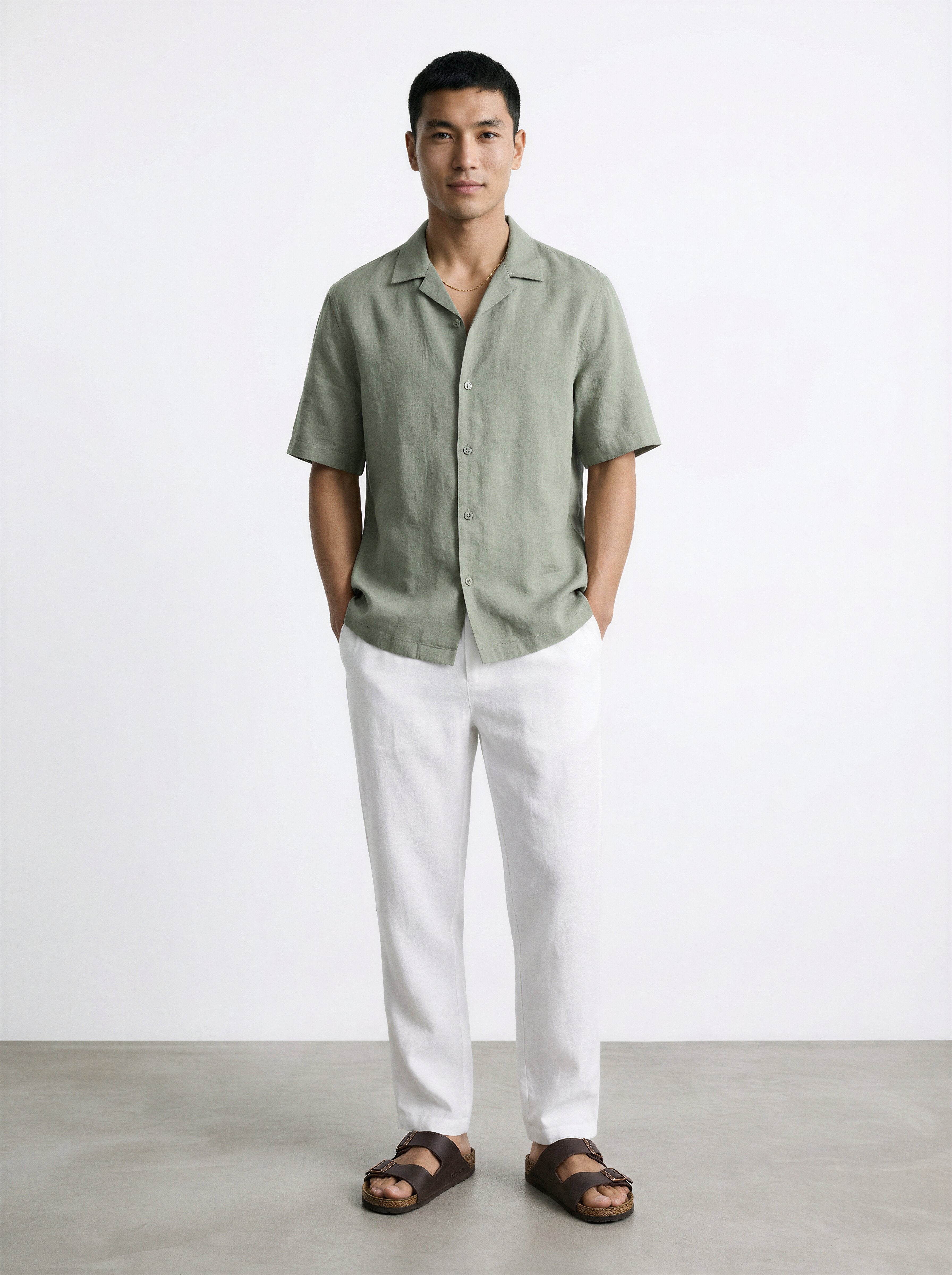Linen Half Shirt - Green